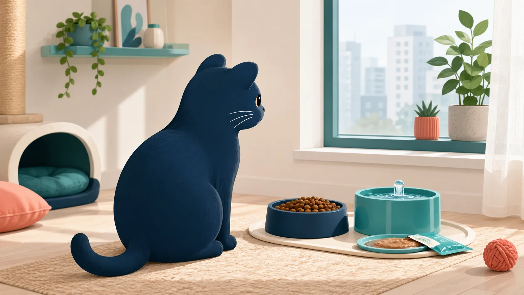 alimentação para gatos: representação de um gatinho com várias opções de alimentos.