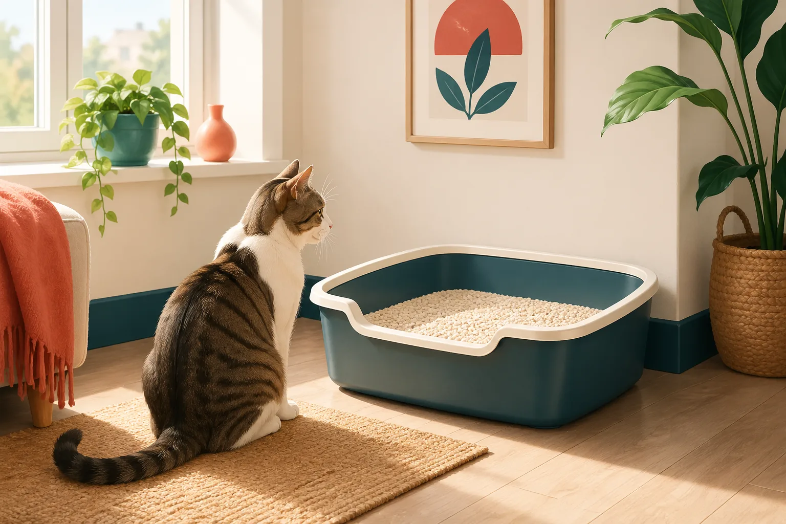 Caixa de areia para gato: representação de um gatinho em frente a uma caixa de areia