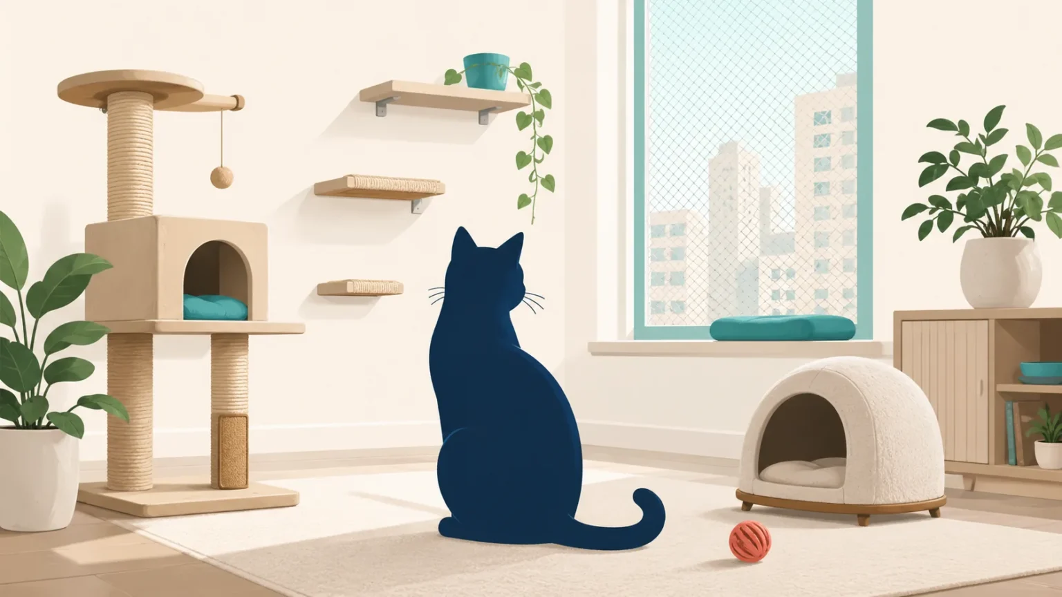 Gato em ambiente interno com estímulos para brincar e explorar
