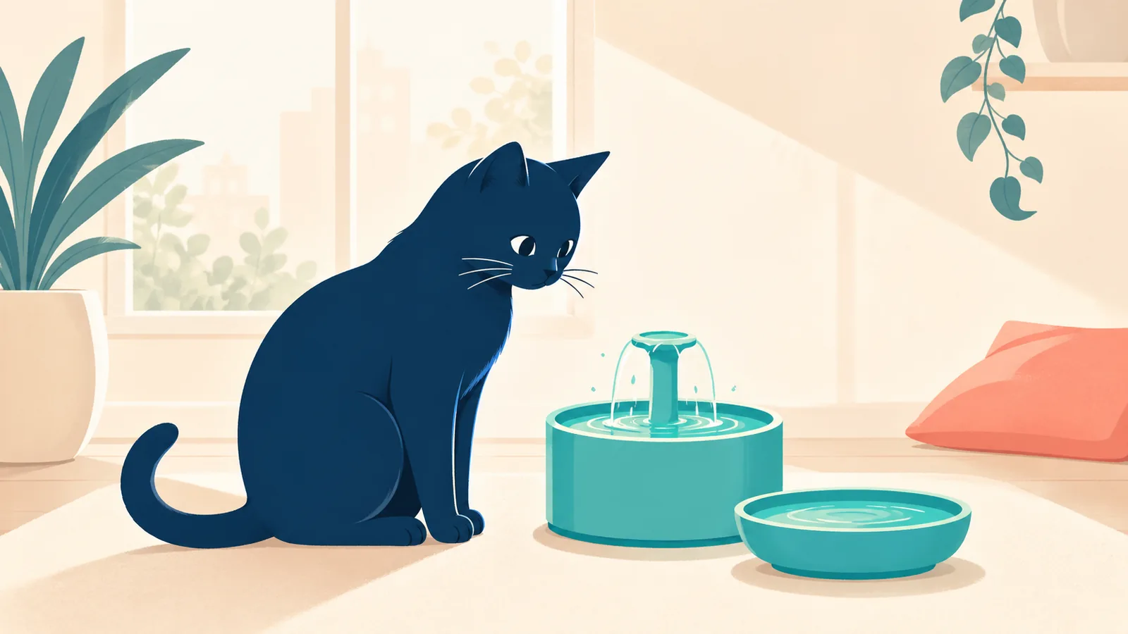 Gato bebe pouca água: gatinho em frente a uma fonte e um pote de água.