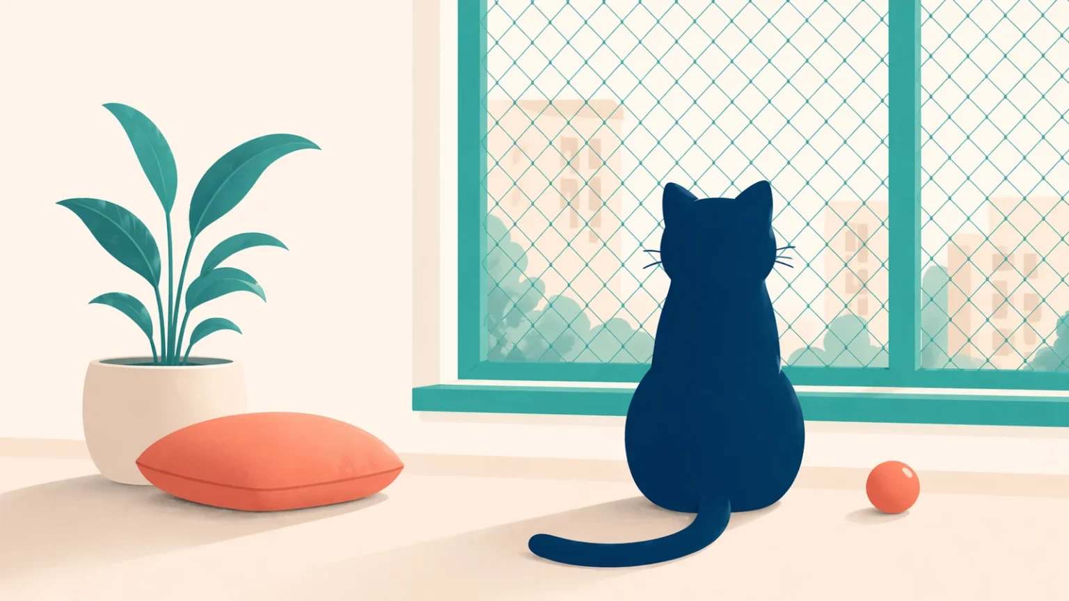 Gato olhando para uma janela com tela de segurança