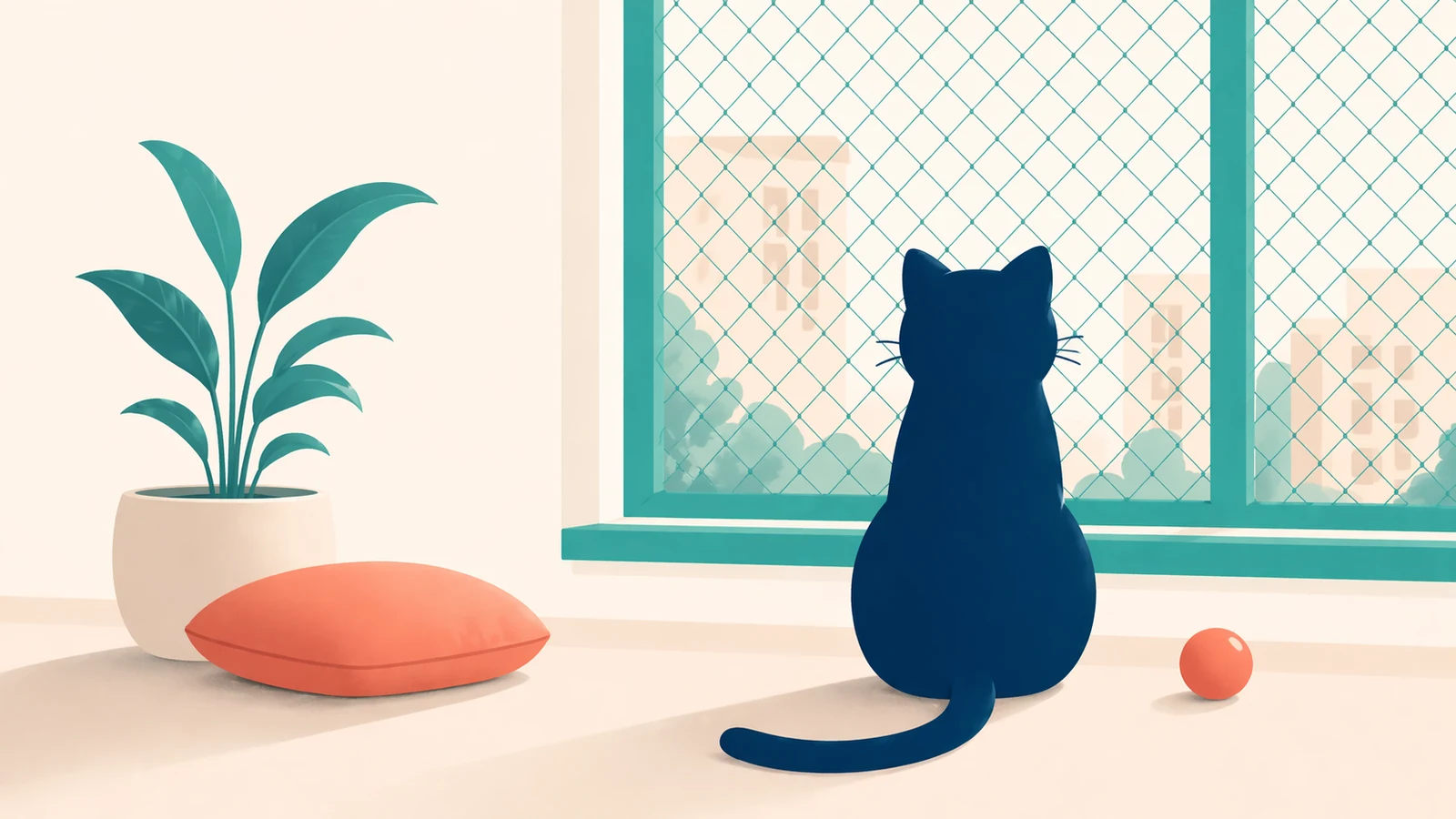 Segurança para gatos em apartamento: gatinho, olhando a rua através de uma janela telada.